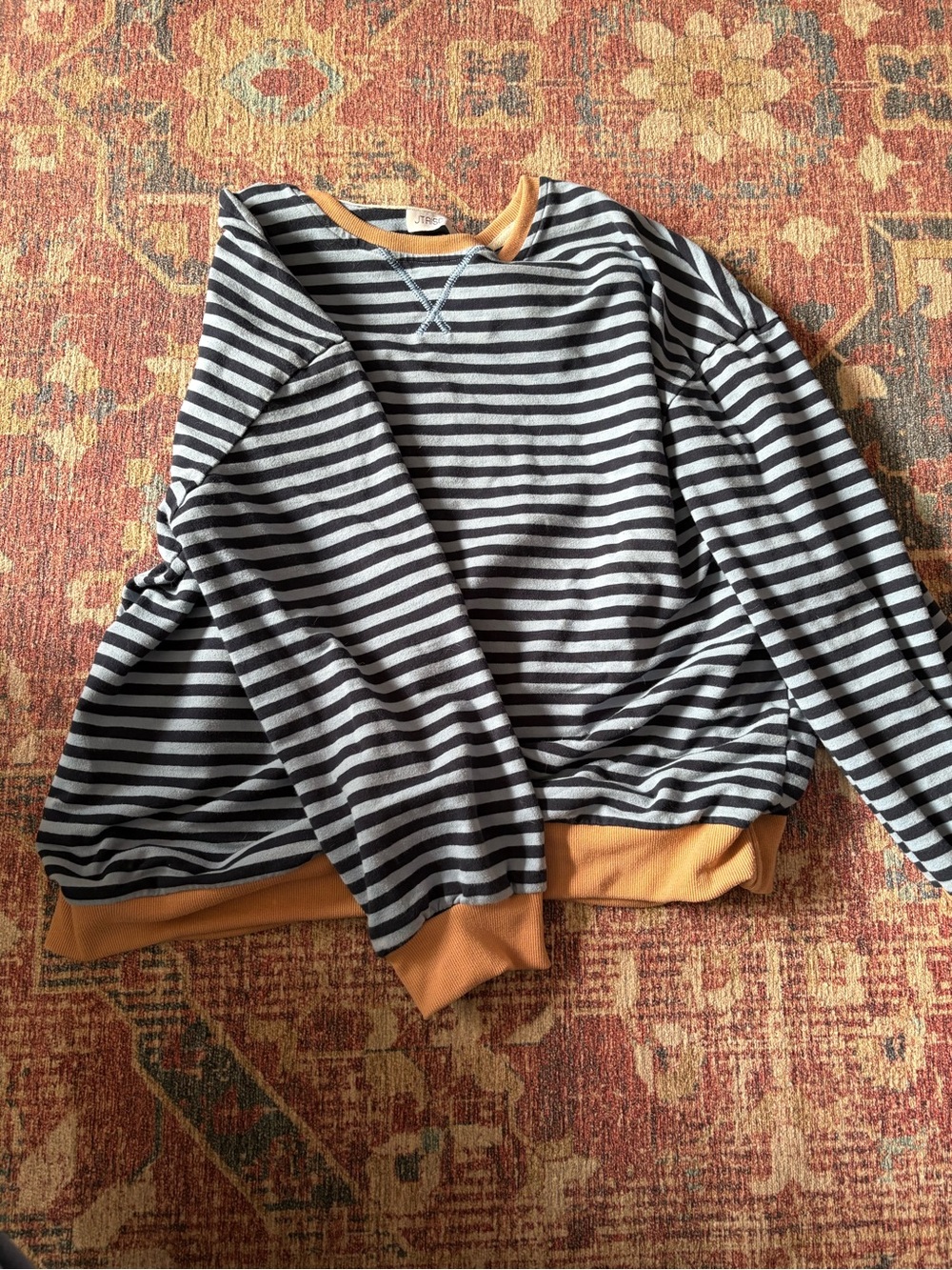 Striped navy blue and light blue Crewneck Sweater with orange Trim